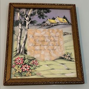 Vintage art deco Framed Art with Floral and House Scene Mothers Day